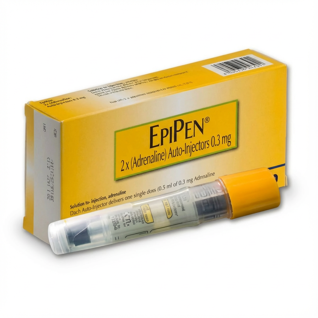 EpiPen Auto-Injector showing blue safety cap and orange tip