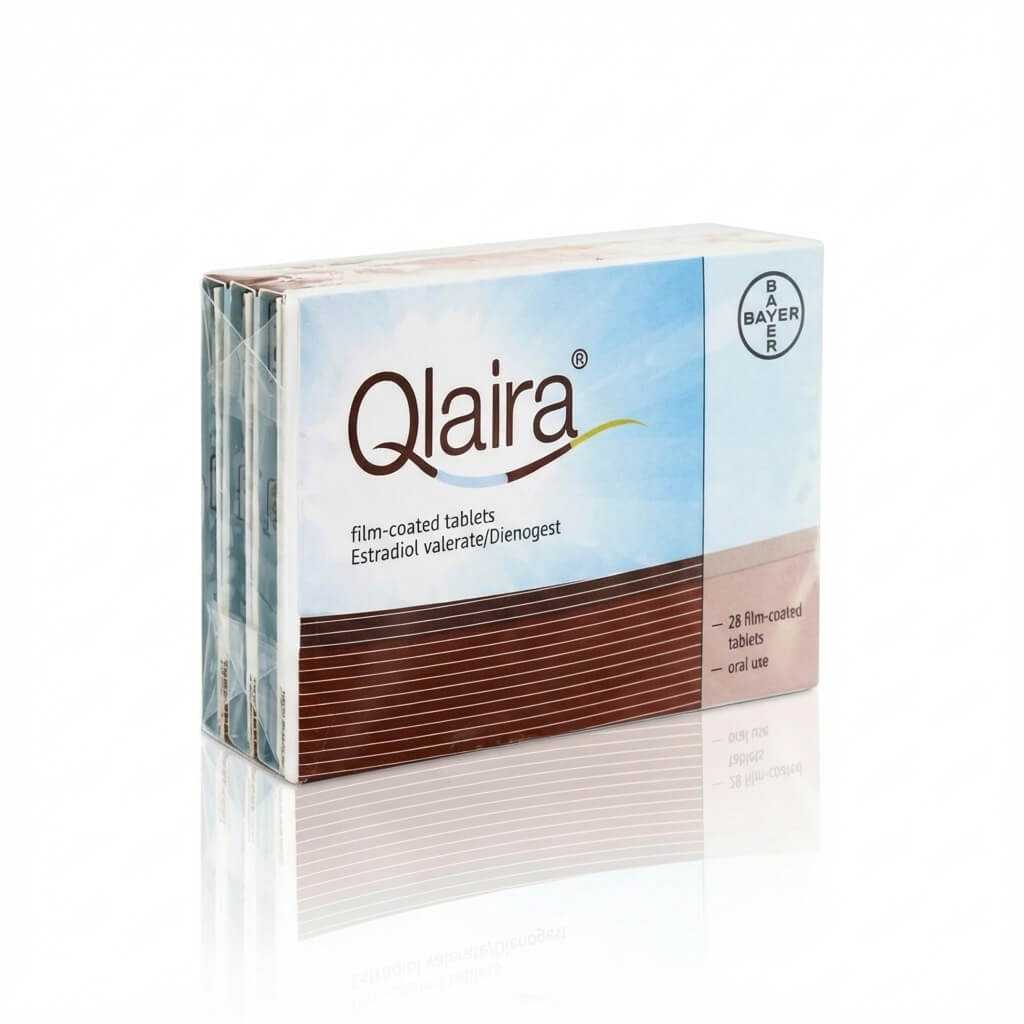 Qlaira contraceptive pill pack front view showing coloured tablets in wallet