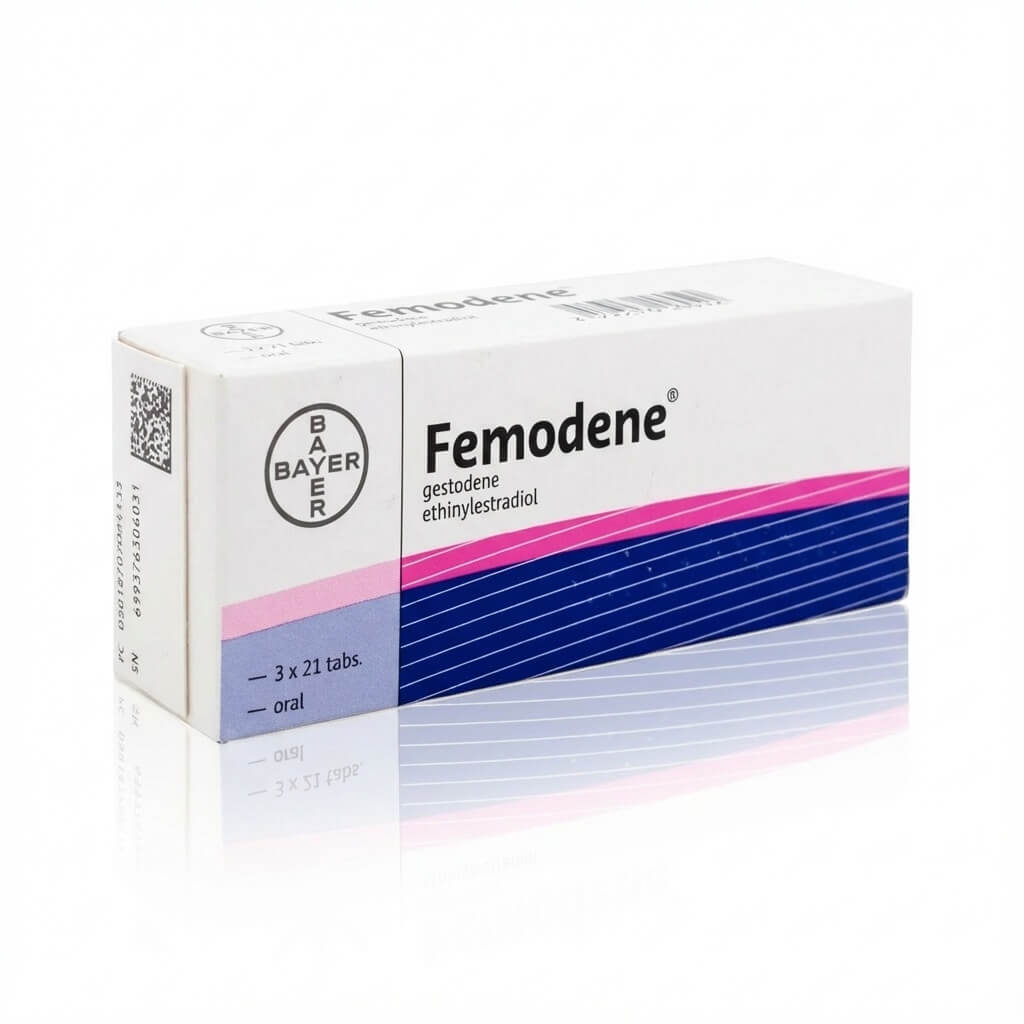 Femodene product packaging showing a box and blister strip