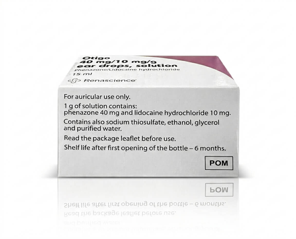 Otigo ear drops packaging back showing product information