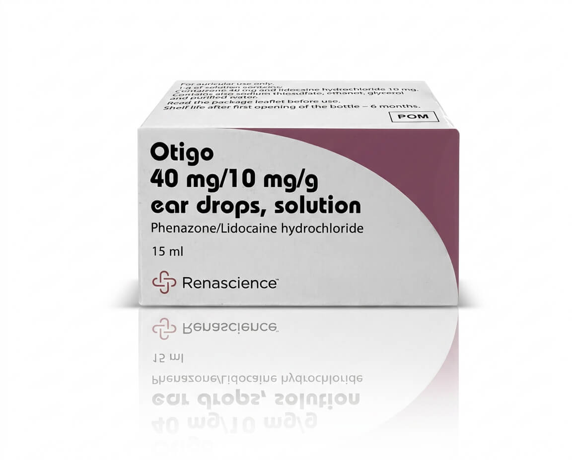 Otigo ear drops 15ml bottle front view with dropper applicator