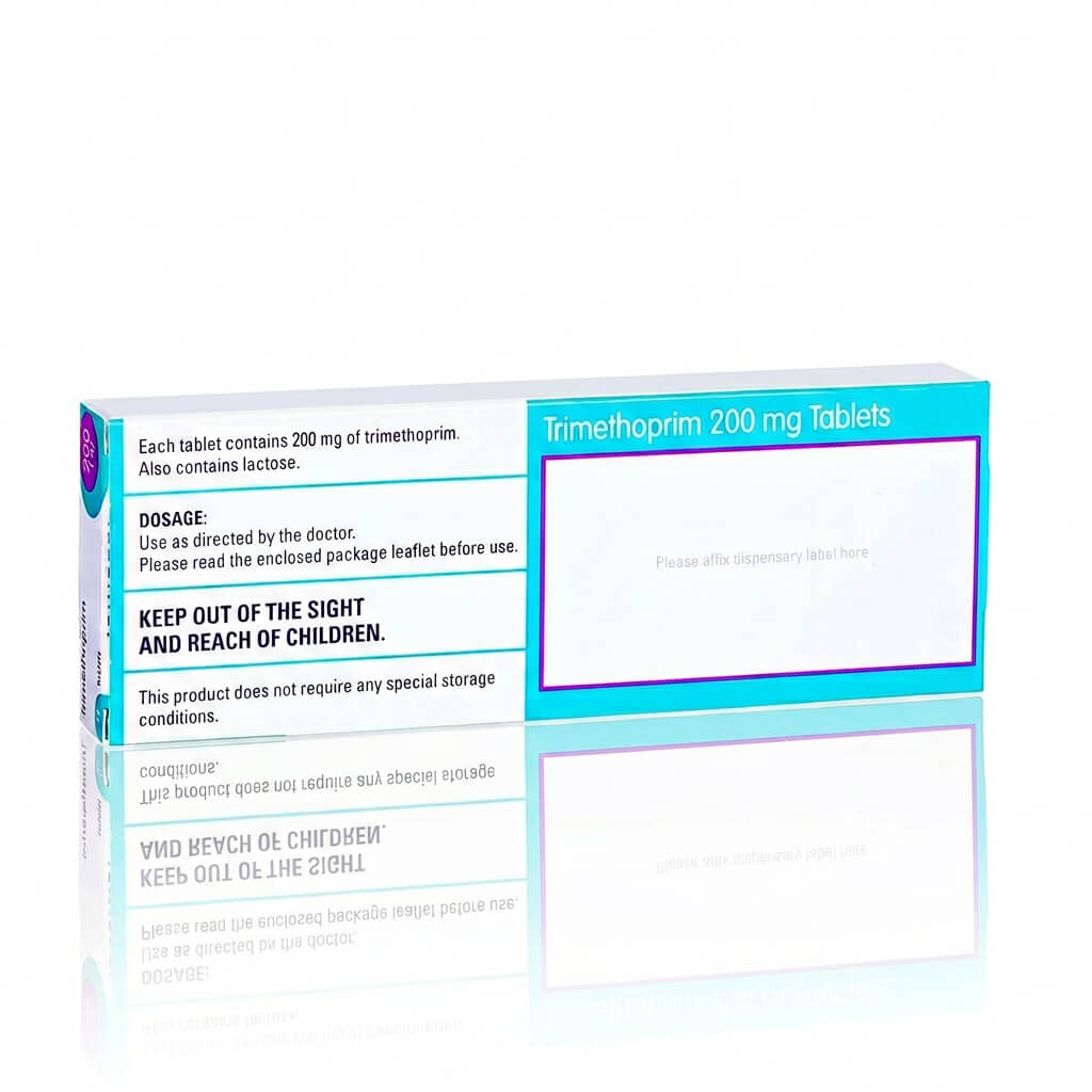Trimethoprim 200mg tablets packaging back showing product information